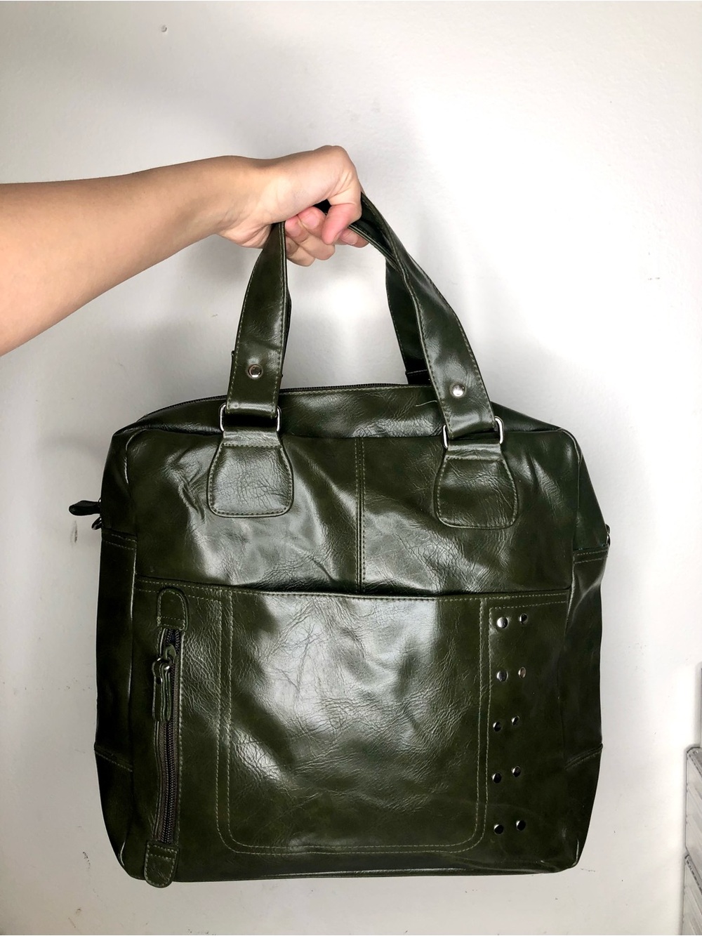 Olive Green Leather Tote Bag - Classic Carryall